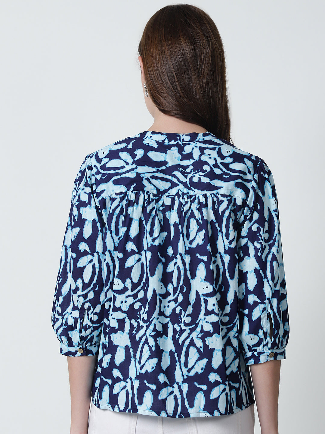 Navy Blue Floral Printed Mandarin Collar Pure Cotton Top