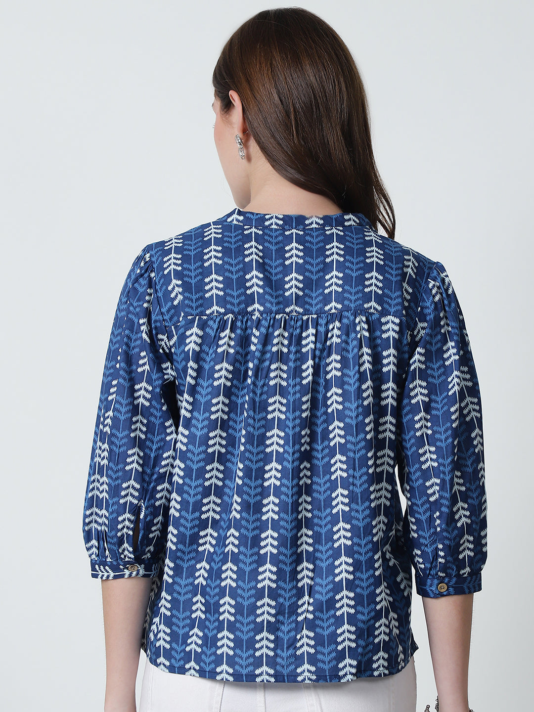 Navy Blue Floral Printed Mandarin Collar Pure Cotton Top