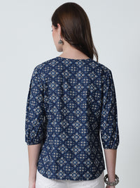 Navy Blue Floral Printed Round Neck Pure Cotton Top