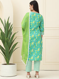 Sea Green Floral Printed Pure Cotton Kurta With Trousers & Chiffon Dupatta