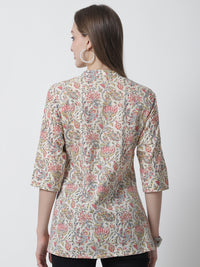 Red Floral Printed Mandarin Collar Pure Cotton Top