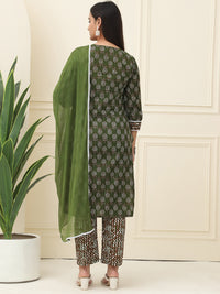 Green Floral Printed Pure Cotton Kurta With Trousers & Chiffon Dupatta