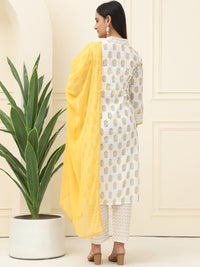 Cream Floral Printed Pure Cotton Kurta With Trousers & Chiffon Dupatta