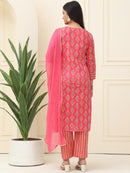 Pink Floral Printed Pure Cotton Kurta With Trousers & Chiffon Dupatta