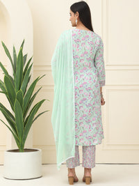 Multi Floral Printed Pure Cotton Kurta With Trousers & Chiffon Dupatta