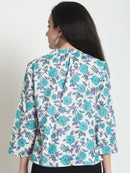 Turquoise Blue Floral Printed Tie-Up Neck Pure Cotton Top