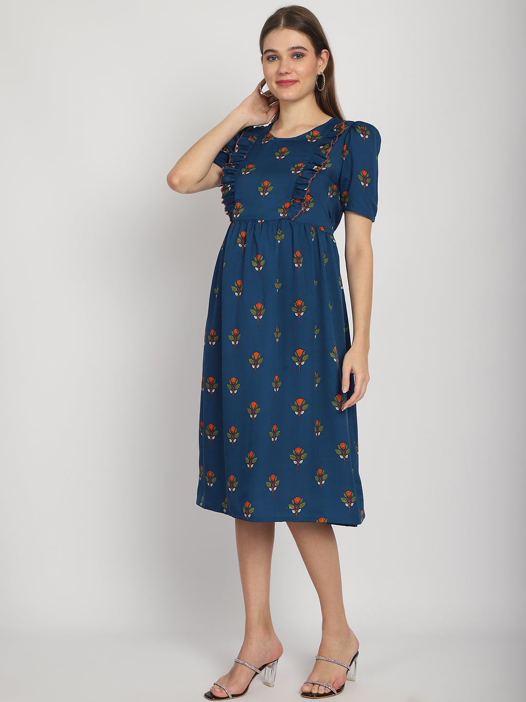 Teal Abstract Printed Fit and Flare Maternity Midi Dress