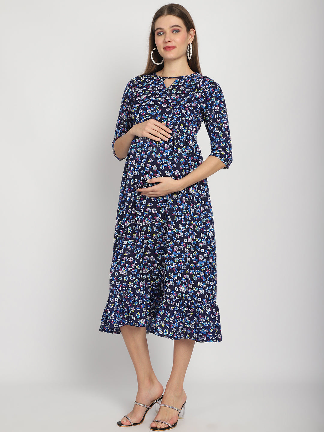 Navy Floral Printed Fit and Flare Maternity Maxi Dress