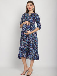 Navy Floral Printed Fit and Flare Maternity Maxi Dress