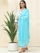 Blue Floral Printed Pure Cotton Kurta With Trousers & Chiffon Dupatta