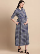 Navy Printed Shirt Style Maternity Dress