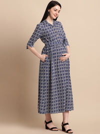 Navy Printed Shirt Style Maternity Dress