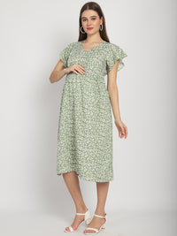 Green Micro Printed Fit and Flare Maternity Midi Dress