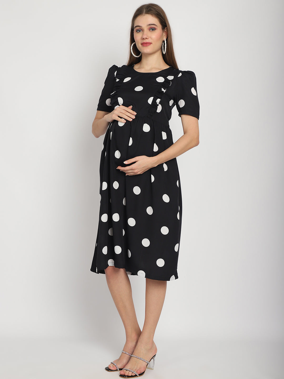 Black Polka-dot Printed Fit and Flare Maternity Midi Dress