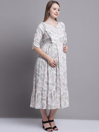 Off White Floral Printed Maternity Midi Dress