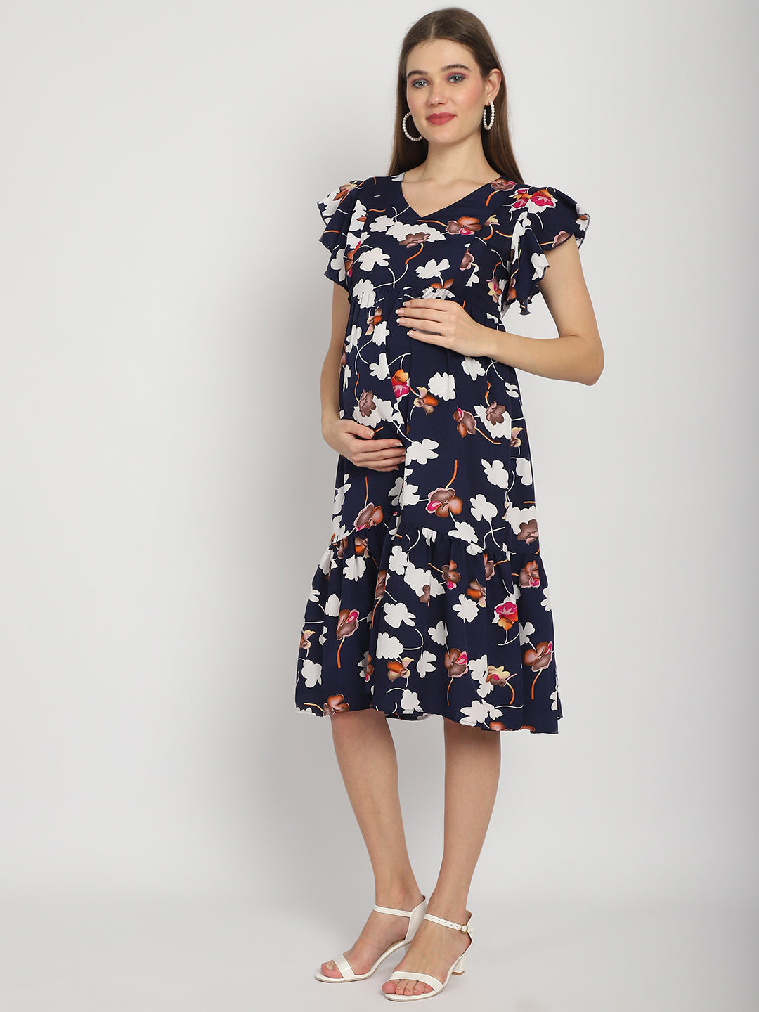 Navy Abstract Printed Fit and Flare Maternity Midi Dress