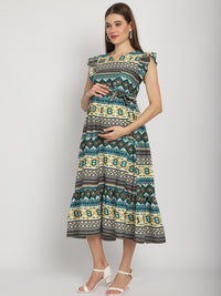 Multi Abstract Printed Fit and Flare Maternity Maxi Dress