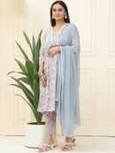 Multi Floral Printed Pure Cotton Kurta With Trousers & Chiffon Dupatta