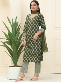 Green Floral Printed Pure Cotton Kurta With Trousers & Chiffon Dupatta