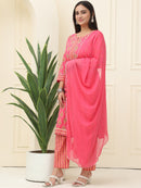 Pink Floral Printed Pure Cotton Kurta With Trousers & Chiffon Dupatta