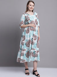 Turquoise Blue Floral Printed Maternity Midi Dress