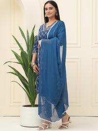 Blue Floral Printed Pure Cotton Kurta With Trousers & Chiffon Dupatta