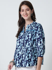 Navy Blue Floral Printed Mandarin Collar Pure Cotton Top