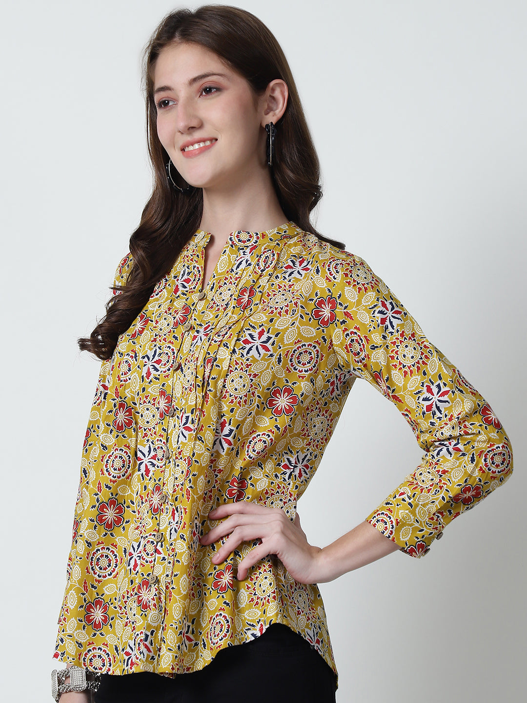 Multi Ethnic Motifs Printed Mandarin Collar Pure Cotton Top