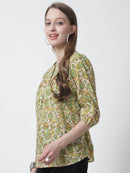 Lime Green Floral Printed Mandarin Collar Pure Cotton Top