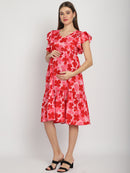 Red Floral Printed Fit and Flare Maternity Midi Dress