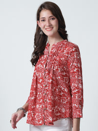 Red Floral Printed Mandarin Collar Pure Cotton Top