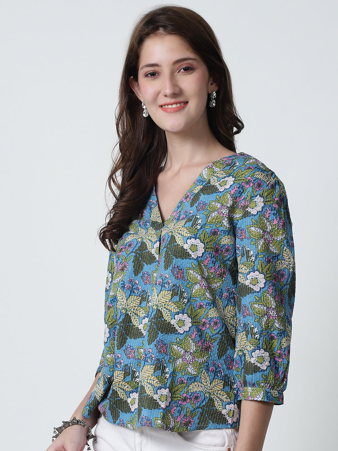 Blue Floral Printed V-Neck Pure Cotton Top