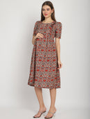 Red Abstract Printed Fit and Flare Maternity Midi Dress