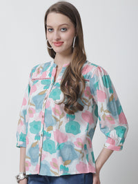 White & Pink Floral Printed Mandarin Collar Pure Cotton Top