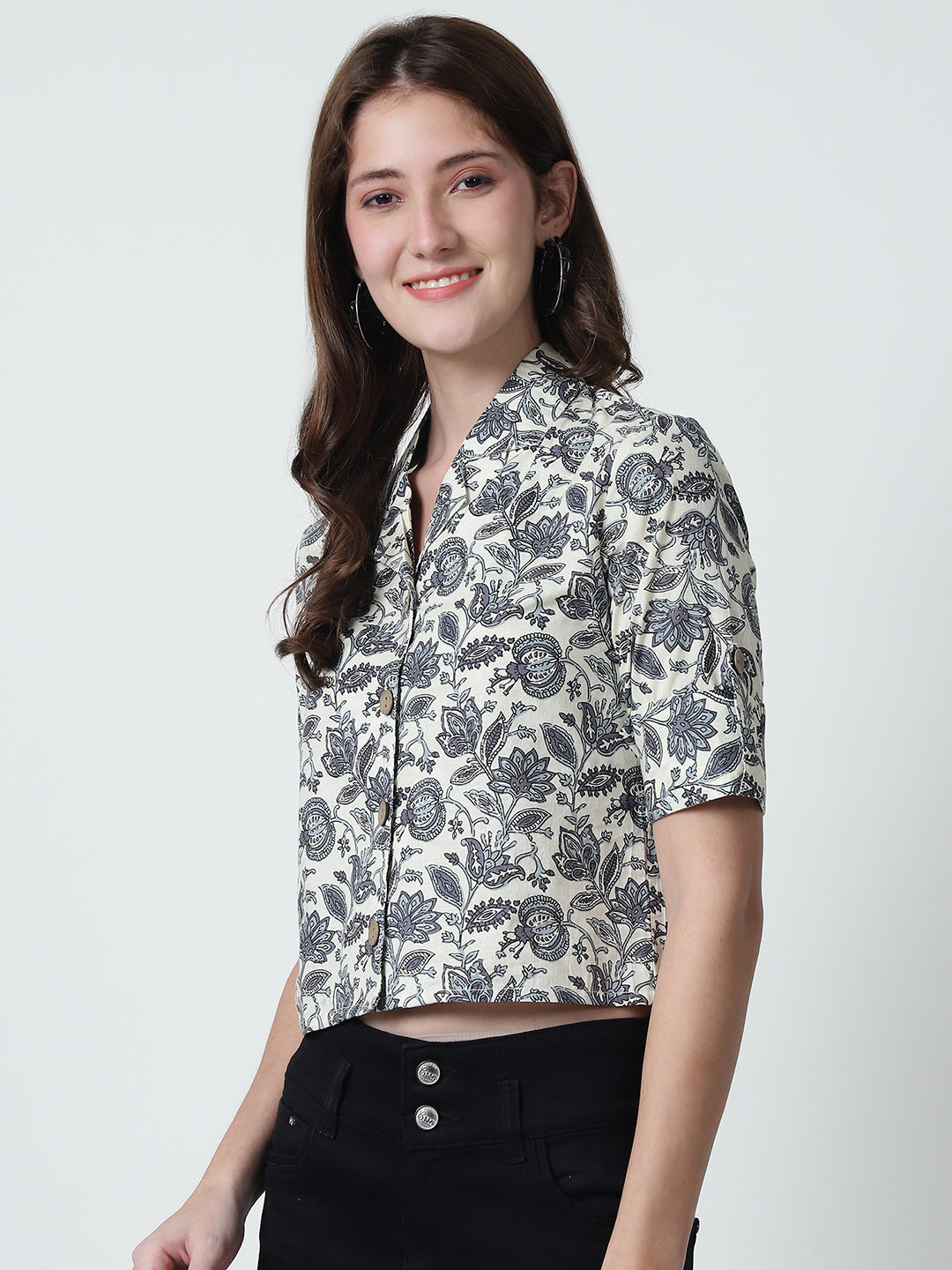 Cream Floral Printed Shirt Collar Pure Cotton Top