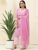 Mauve Floral Printed Pure Cotton Kurta With Trousers & Chiffon Dupatta