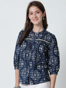 Navy Blue Floral Printed Mandarin Collar Pure Cotton Top