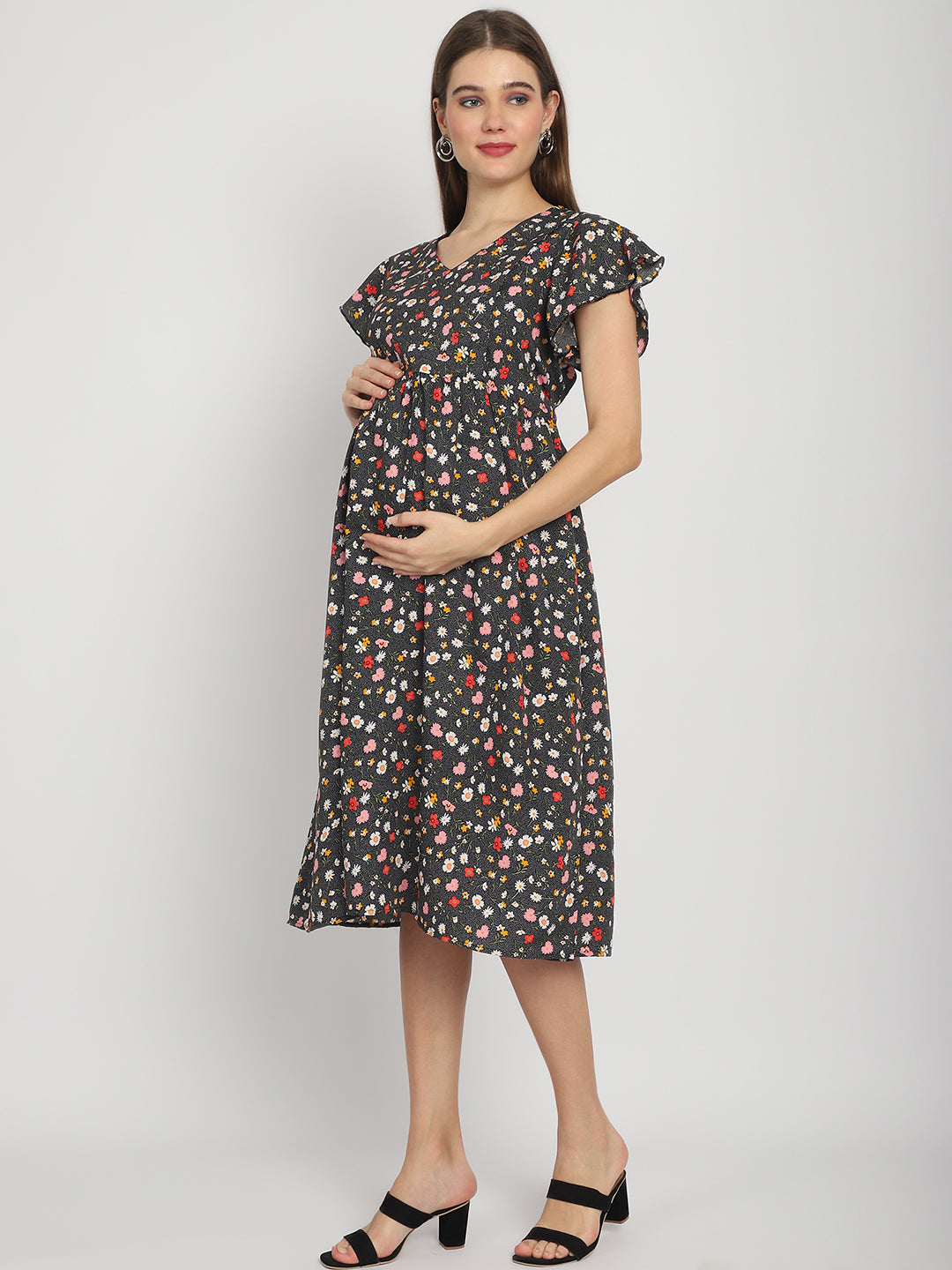 Grey Micro Printed Fit and Flare Maternity Midi Dress