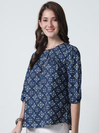 Navy Blue Floral Printed Round Neck Pure Cotton Top