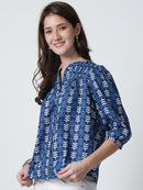 Navy Blue Floral Printed Mandarin Collar Pure Cotton Top