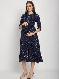 Navy Stars Printed Fit and Flare Maternity Maxi Dress