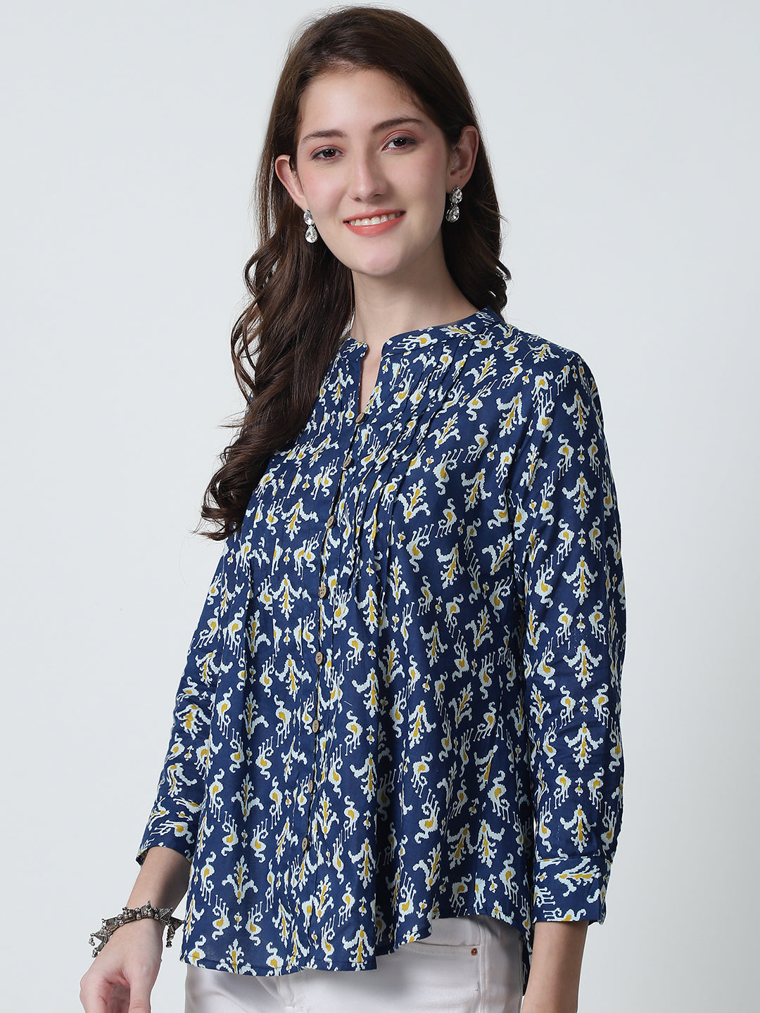 Navy Blue Abstract Printed Mandarin Collar Pure Cotton Top