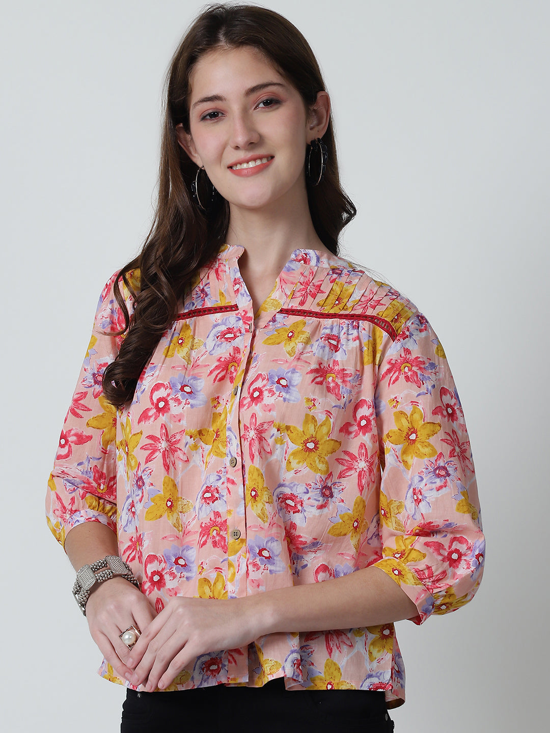 Peach Floral Printed Mandarin Collar Pure Cotton Top