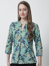 Turquoise Blue Floral Printed Mandarin Collar Pure Cotton Top