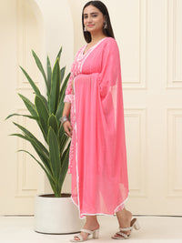 Pink Floral Printed Pure Cotton Kurta With Trousers & Chiffon Dupatta