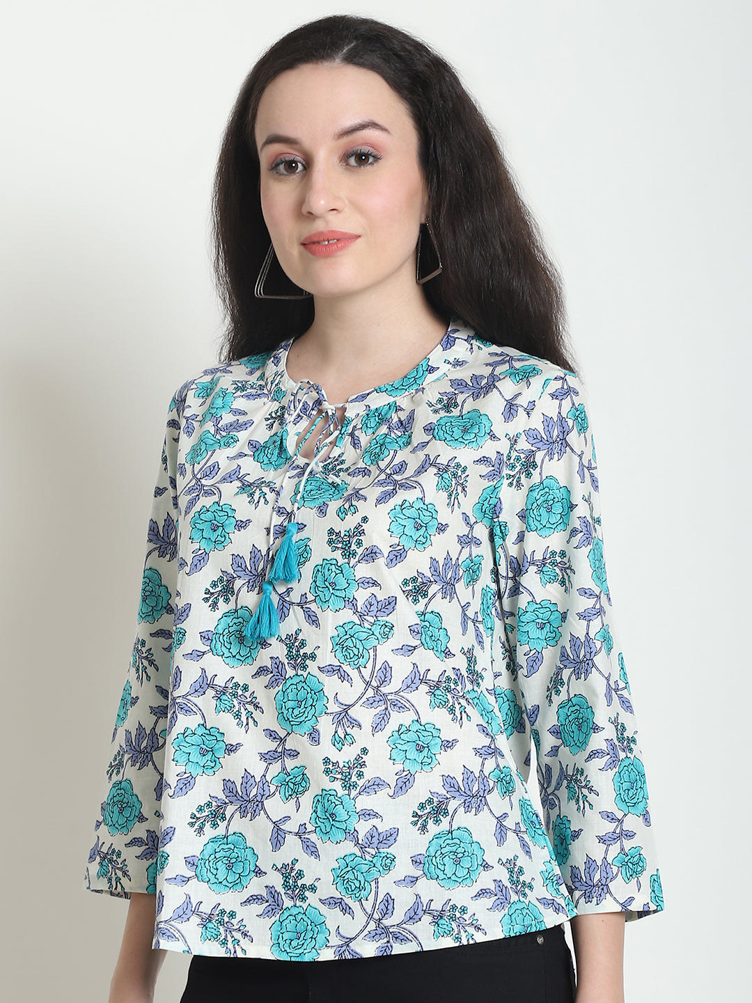 Turquoise Blue Floral Printed Tie-Up Neck Pure Cotton Top