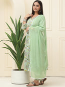 Green Floral Printed Pure Cotton Kurta With Trousers & Chiffon Dupatta