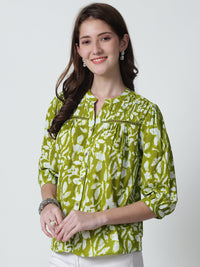 Lime Green Floral Printed Mandarin Collar Pure Cotton Top