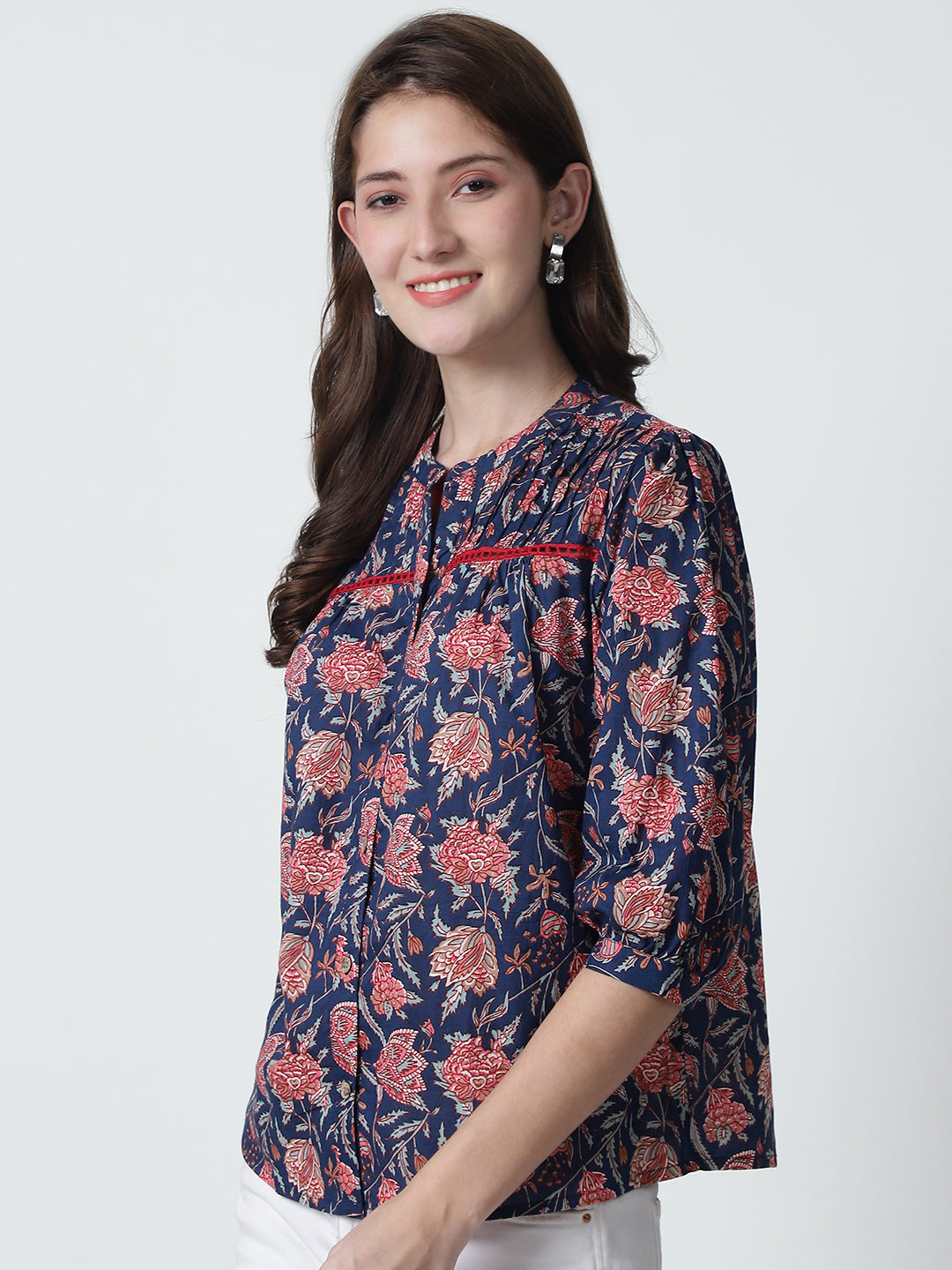 Navy Blue Floral Printed Mandarin Collar Pure Cotton Top