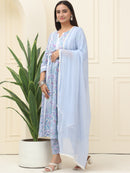 Lavender Floral Printed Pure Cotton Kurta With Trousers & Chiffon Dupatta